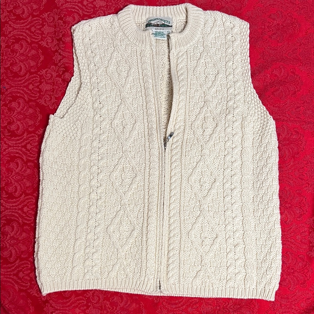 Aran Crafts Cable Knit Vest Cream 100% Merino Wool Ireland Men’s Small 42” Chest